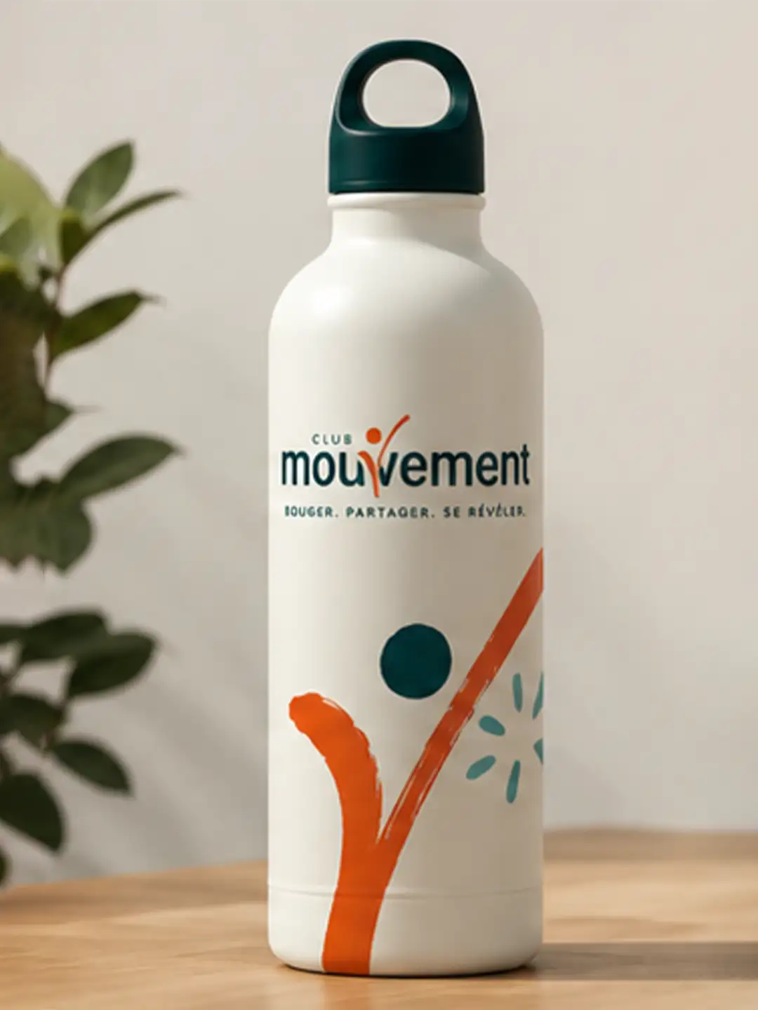 creation-logo-ia-mockup-gourde Logo de marque de séjours actifs pour seniors avec en fond une femme en tenue de sport faisant son footing en extérieur