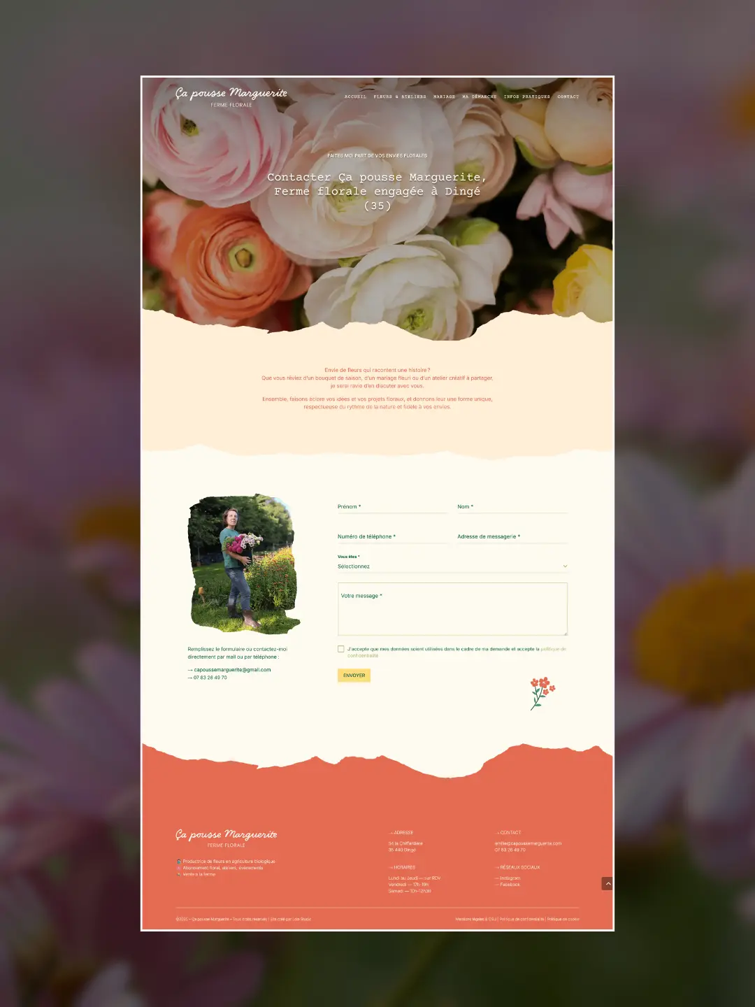 Ordinateur portable présentant la page d’accueil d’un site web pour une ferme florale écoresponsable